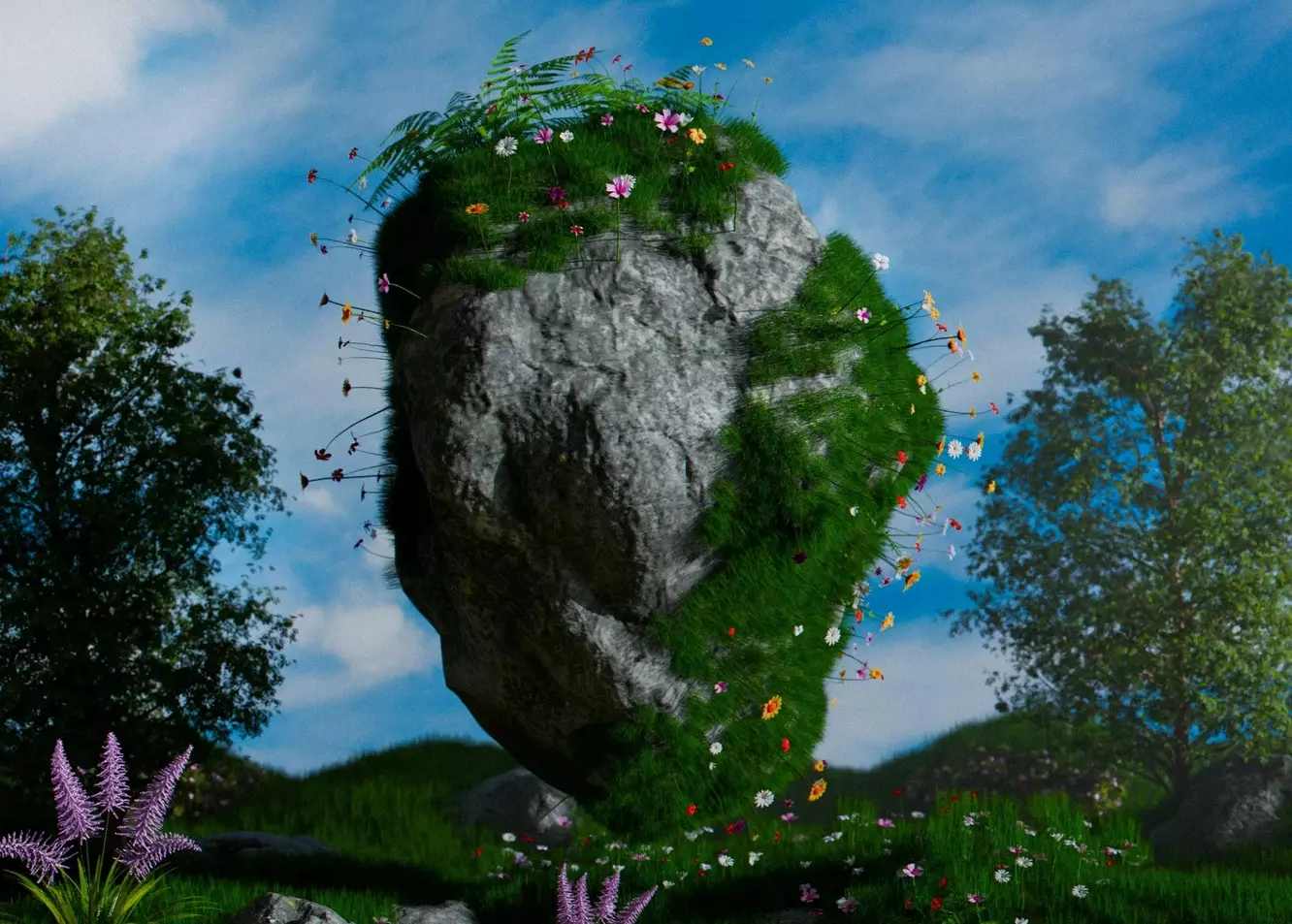 Enchanted Floating Boulder: A Lush 3D Rendered Oasis