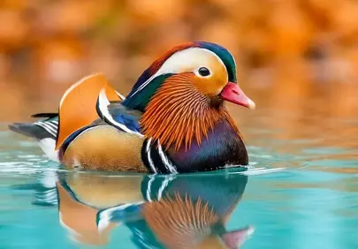 Exotic Mandarin Duck Gliding on Calm Autumn Lake