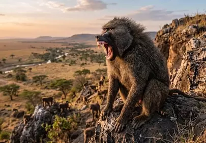 Dramatic Sunset Baboon: Fierce Guardian of the Savannah Peak