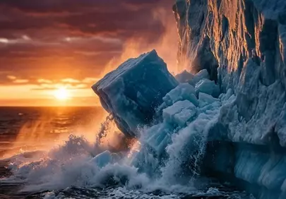 Dramatic Arctic Sunset: Majestic Iceberg Under Fiery Sky