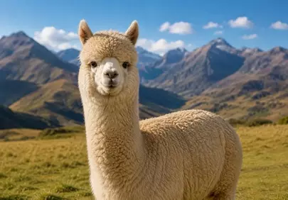Majestic Alpaca Portrait: Fluffy Farm Animal in Mountain Serenity
