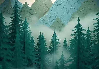 Enchanting Alpine Mist: A Layered Forest Landscape Illustration