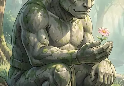 Stone Golem's Gentle Gaze: A Magical Forest Encounter