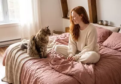 Charming Redhead & Beloved Cat in a Cozy Bedroom