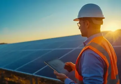 Engineer Optimizing Solar Farm at Sunset for Sustainable Energy