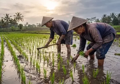 Golden Sunset Illuminates Dedicated Rice Farmers' Labor
