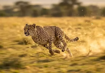 Breathtaking Cheetah in Full Sprint Across Golden Savanna