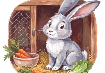 Charming Gray Bunny in Hutch: A Delightful Children's Illustration