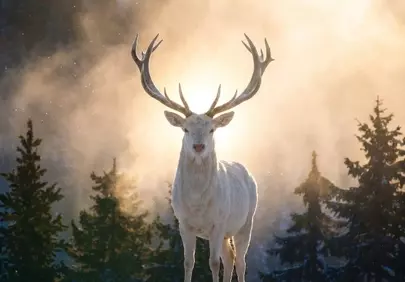 Majestic Albino Deer in Golden Winter Forest