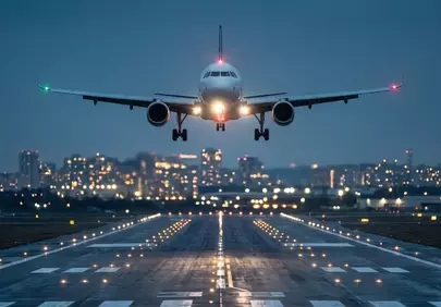 Dramatic Night Landing: Aircraft Approaches Illuminated Runway