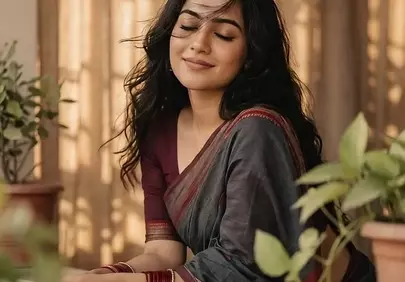 Serene Indian Beauty: Woman in Sari Embracing Morning Light