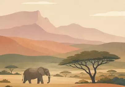 Serene African Savanna: Elephant Silhouette at Sunset
