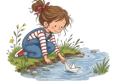 Charming Childhood: Girl Launches Paper Boat in Serene Stream