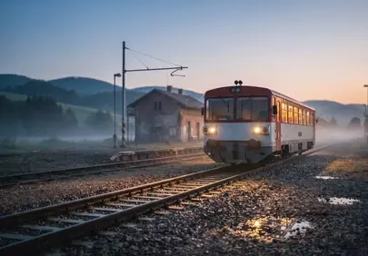 Enchanting Dawn: Train Arrives at Misty Mountain Station