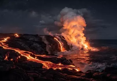 Dramatic Volcanic Eruption: Lava Flow into the Ocean at Night