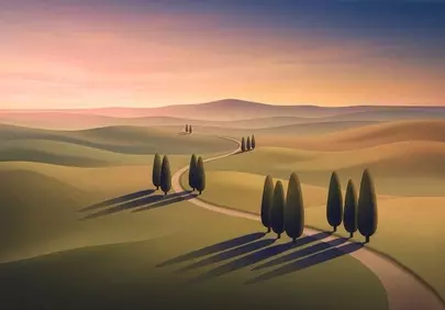 Serene Valley Journey: Textured Landscape Illustration