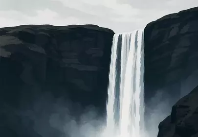 Minimalist Nordic Waterfall: Serene Misty Cliff Reflection