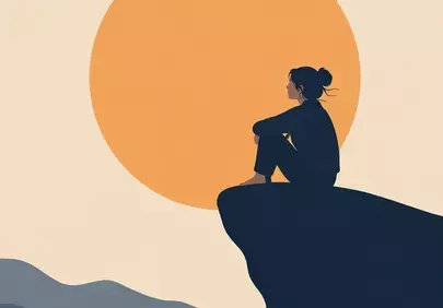 Serene Sunset Solitude: Woman Meditating on Cliff Edge
