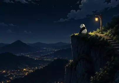 Enchanting Moonlit Vista: Panda's Nighttime Reverie