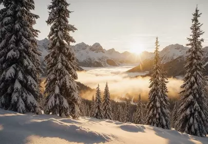 Breathtaking Winter Sunrise Over Snow-Covered Alpine Peaks