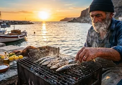 Golden Hour Feast: Fisherman Grills Sardines by the Greek Sea