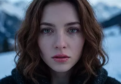 Haunting Winter Portrait: A Woman's Frozen Tears in the Mountains