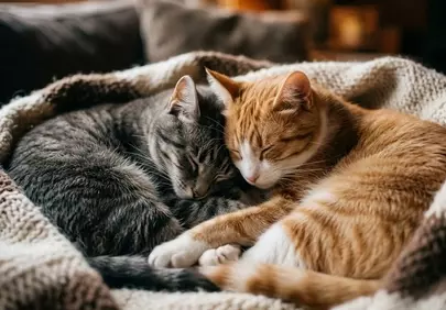 Cozy Catnap: Two Feline Friends Snuggle on a Fuzzy Blanket