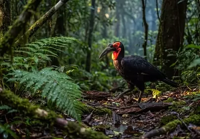 Majestic Southern Ground Hornbill in Lush Rainforest Habitat