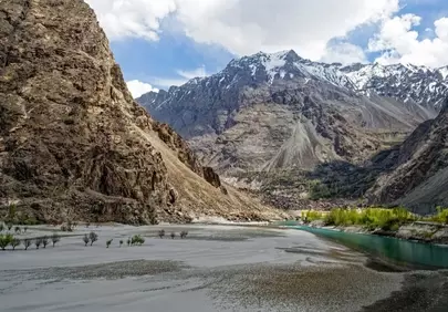 Majestic Karakoram Peaks: Shyok River's Serene Valley