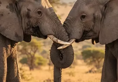 Breathtaking Sunset Connection: Elephants Embrace in Golden Savanna