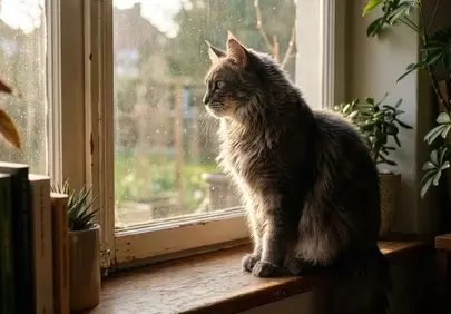 Enchanting Gaze: Cat Silhouetted Against a Golden Sunset Window