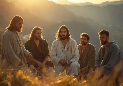 Divine Sunset Gathering: Jesus and Disciples in Golden Light