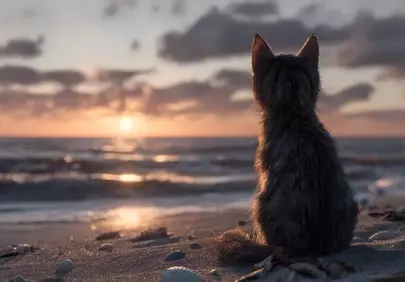 Serene Sunset: Cat Gazing at the Horizon's Glow