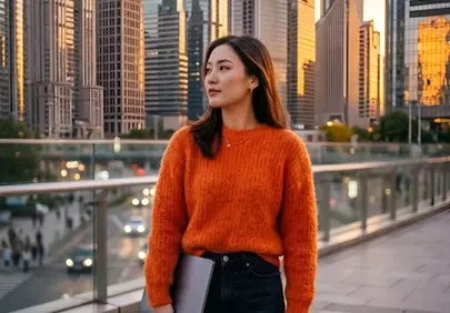 Vibrant Sunset Glow: Businesswoman's City Horizon