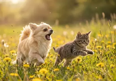 Joyful Chase: Adorable Chihuahua and Kitten Play in Golden Hour