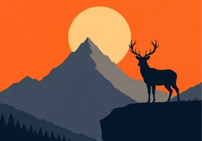 Majestic Stag Silhouette at Sunset over Mountain Lake