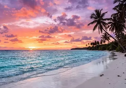 Breathtaking Tropical Sunset: Palm Trees & Turquoise Ocean Bliss