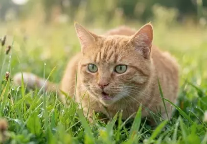 Alert Ginger Cat: Morning Hunt in Dewy Grass