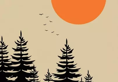 Zen Sunset: Minimalist Forest Silhouettes with Flying Birds