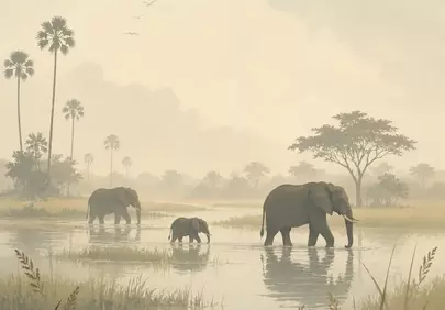 Serene Safari: Elephant Family in Misty Wetlands at Sunrise