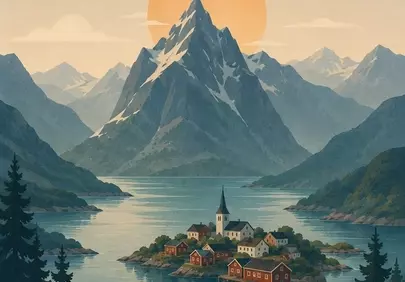 Breathtaking Fjord Village: Scandinavian Majesty Under Setting Sun