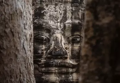 Mysterious Angkor Wat Face Amidst Jungle Embrace