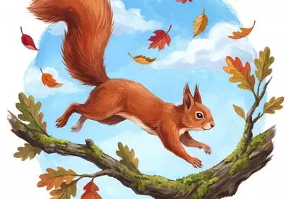 Vibrant Autumn Adventure: Playful Squirrel Amidst Falling Leaves