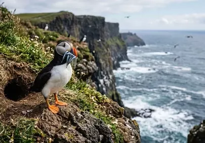 Vibrant Puffin with Fresh Catch on Iceland's Rugged Cliffs