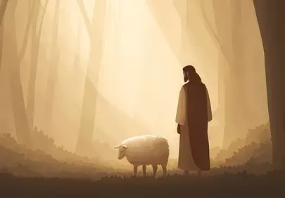 Divine Guidance: Jesus and Lamb in Sacred Forest Light