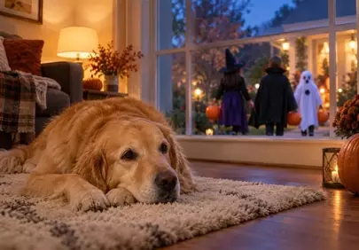 Cozy Golden Retriever Watches Halloween Fun Indoors