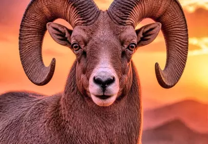 Majestic Bighorn Ram: Desert Sunset Silhouette