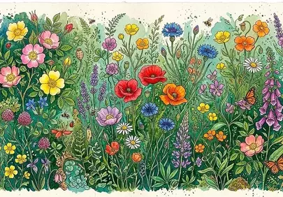 Vibrant Watercolor Wildflower Meadow with Butterflies