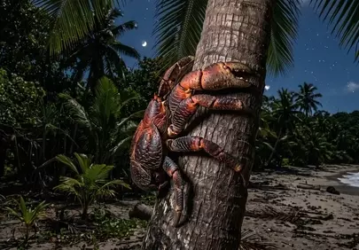 Nightfall Majesty: Giant Crab Climbs Palm on Tropical Beach