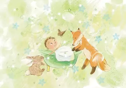 Enchanting Woodland Nursery: Baby's Dreamy Bath Time Illustration